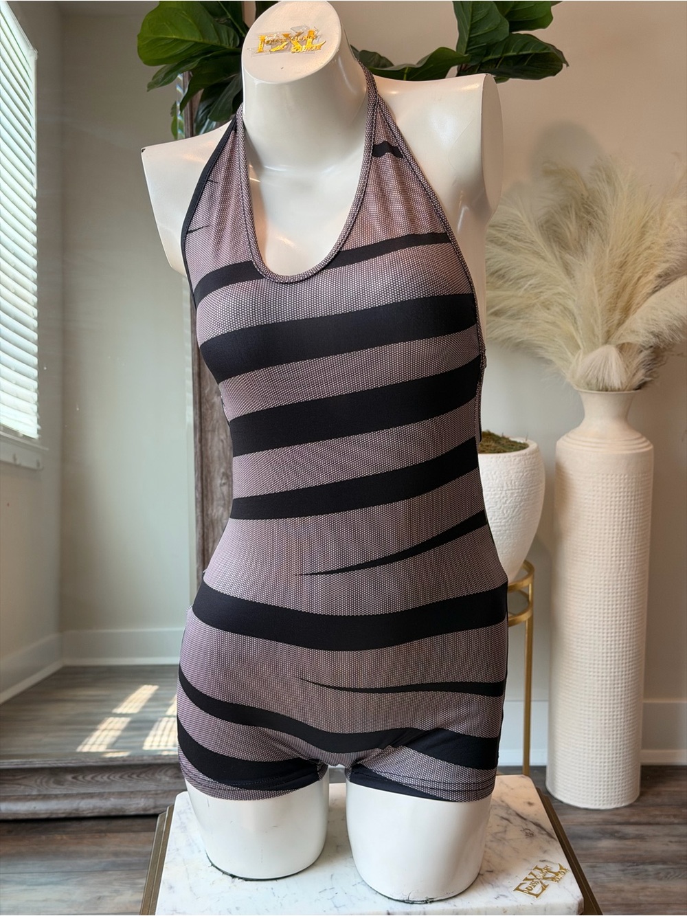 Striped Halter Romper in Mauve and Black